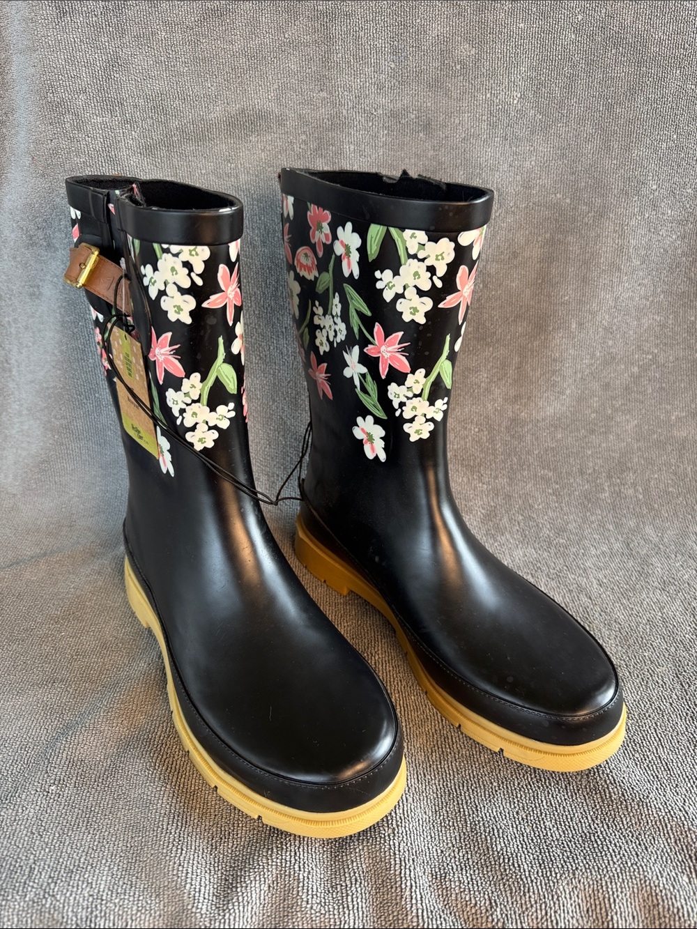 NWT Western Chief Black Floral Rain Boots with Tan Sole, Size 7